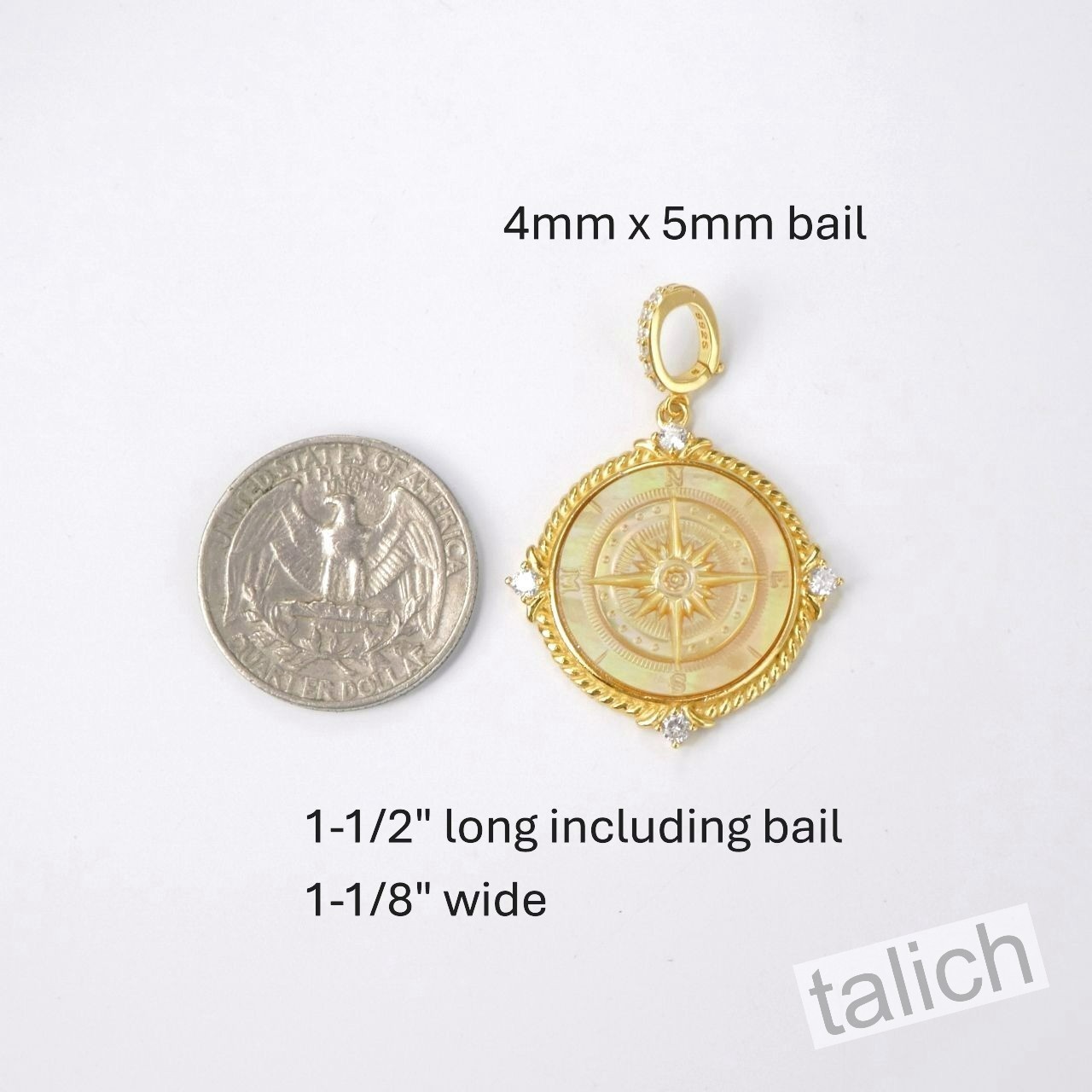 18K Gold Plated Sterling Silver MOP Compass Rose Cameo Pendant North Star Gift