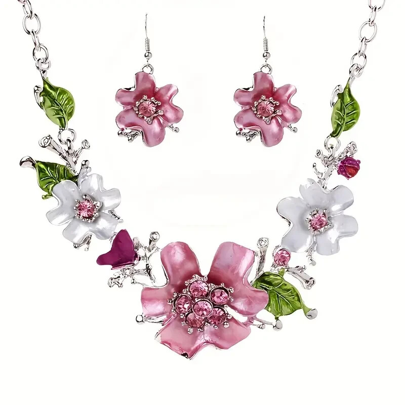 Earrings Necklace Elegant Jewelry Set Pink Flower Green Leaves Fashion Party New