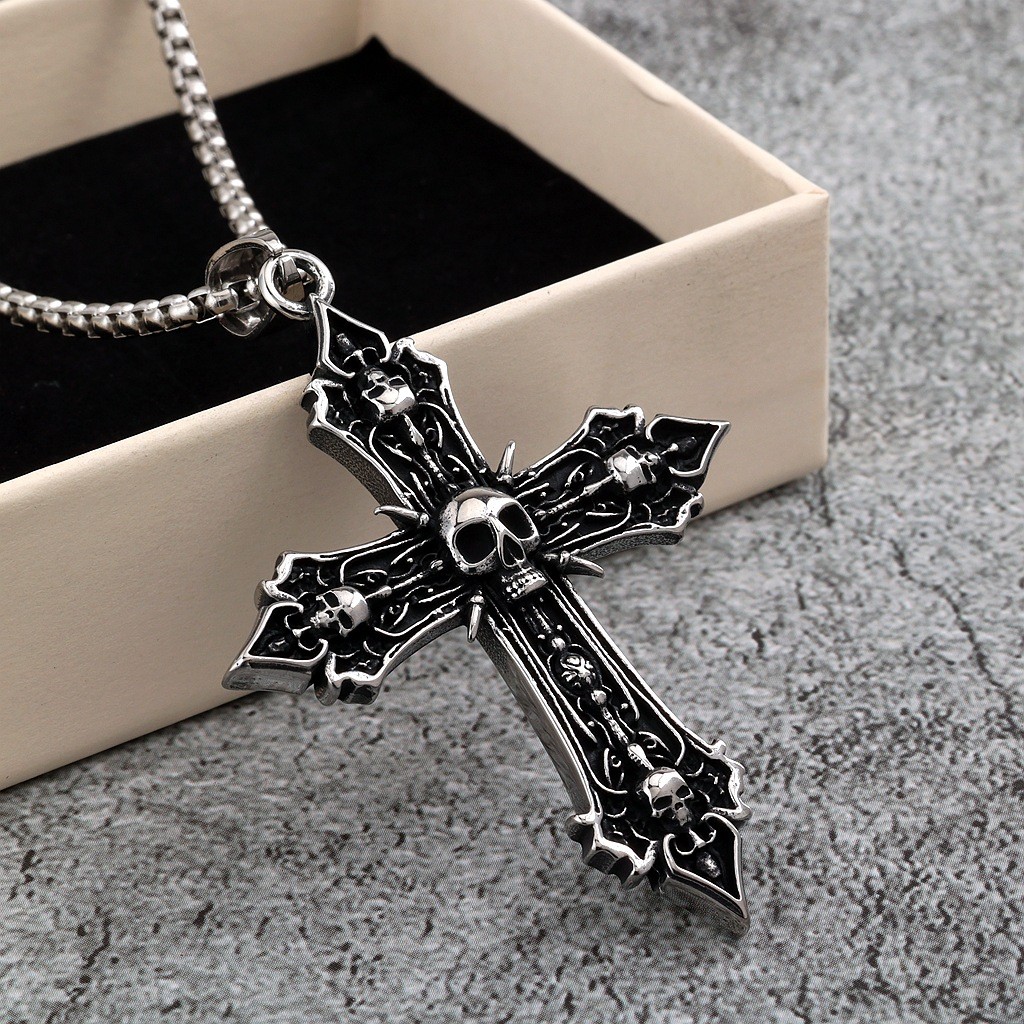 Retro Men Stainless Steel Pendant Gothic Biker Punk Skull Cross Pendant Necklace