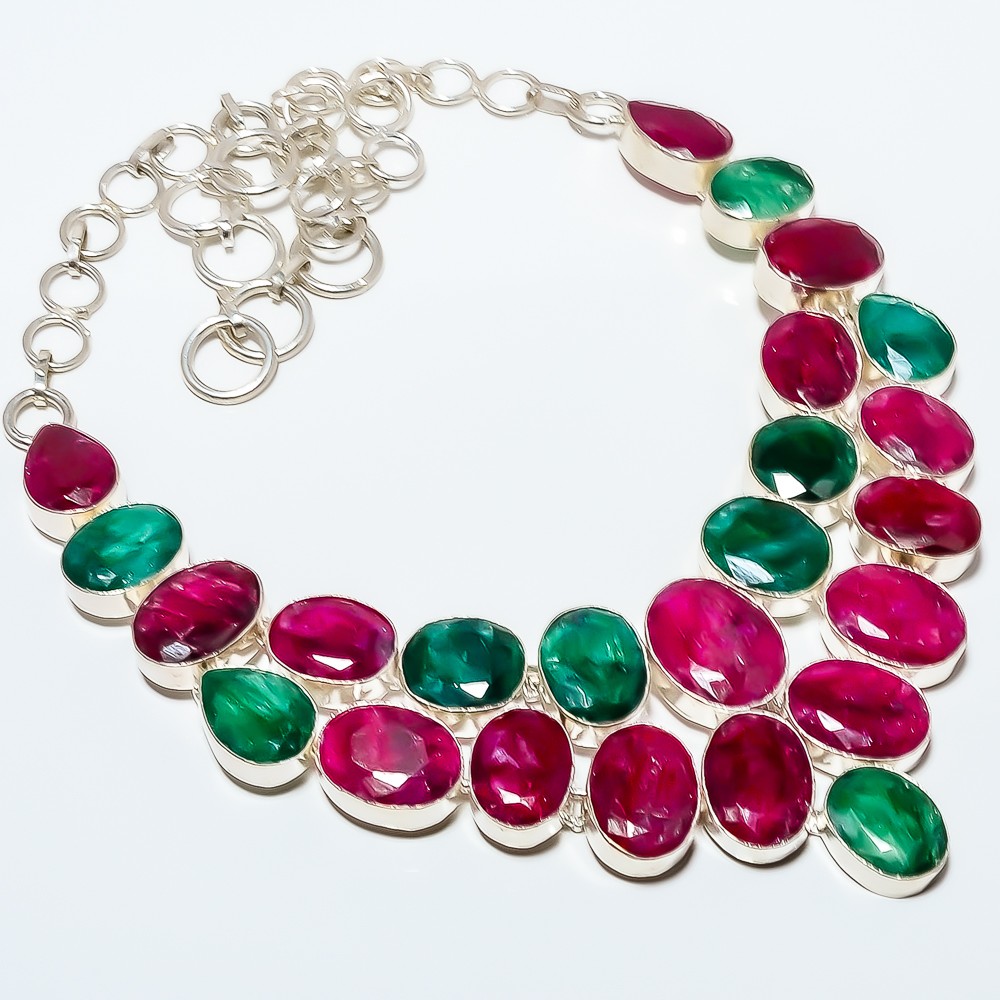 Ruby & Emerald (Simulated) Gemstone 925 Sterling Silver Necklace 17.99″ TN7524-2