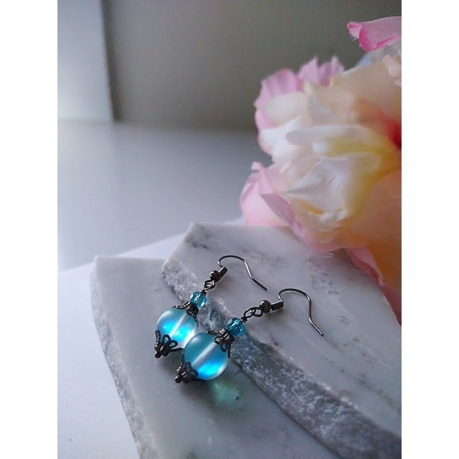 Mermaid Glass Dangle Earrings, Bridal Earrings, Bridesmaid Earrings, Handmade