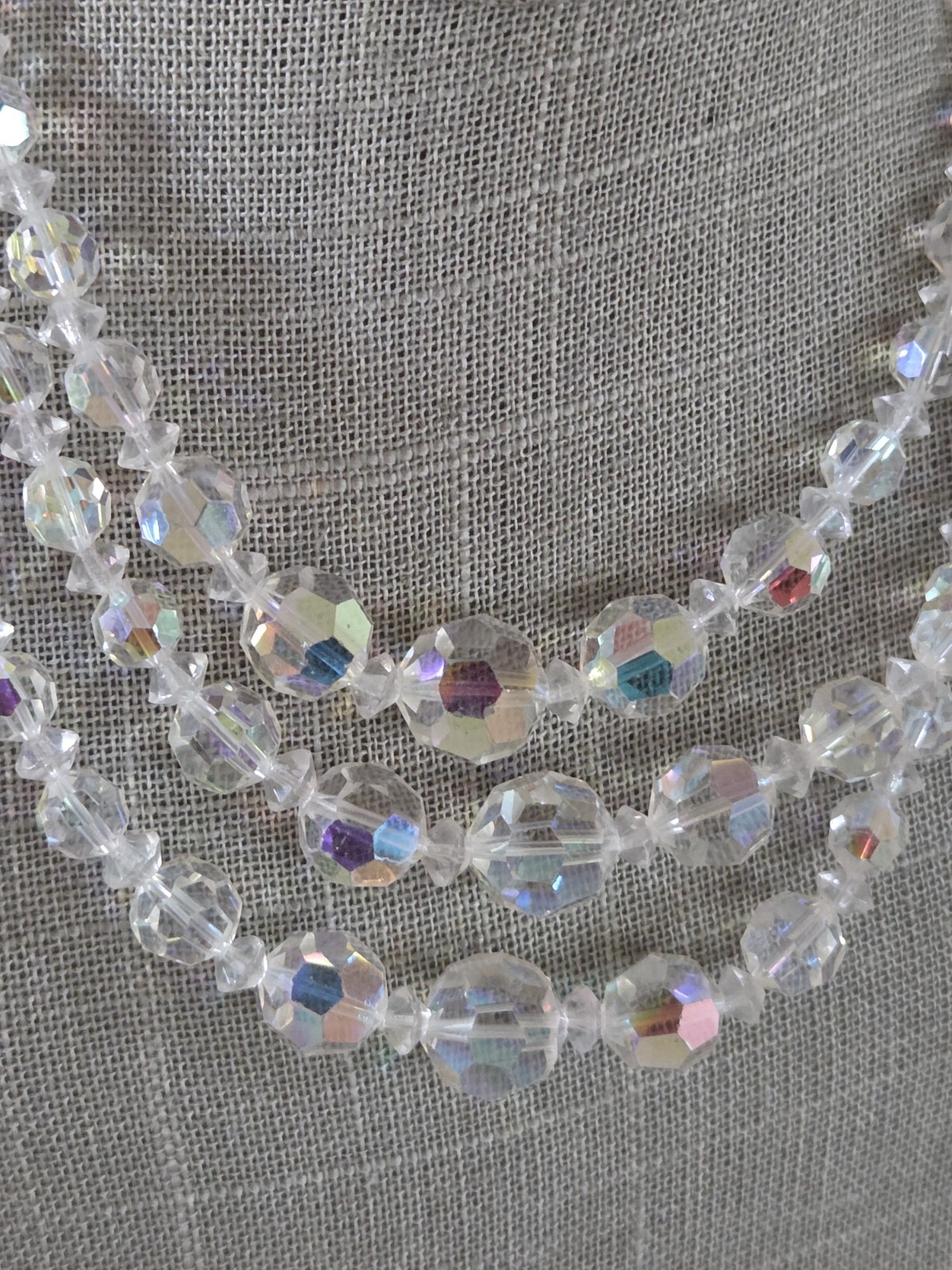 Vtg Multi Strand Aurora Borealis Necklace Faceted 15 In Crystal Flower Clasp AB