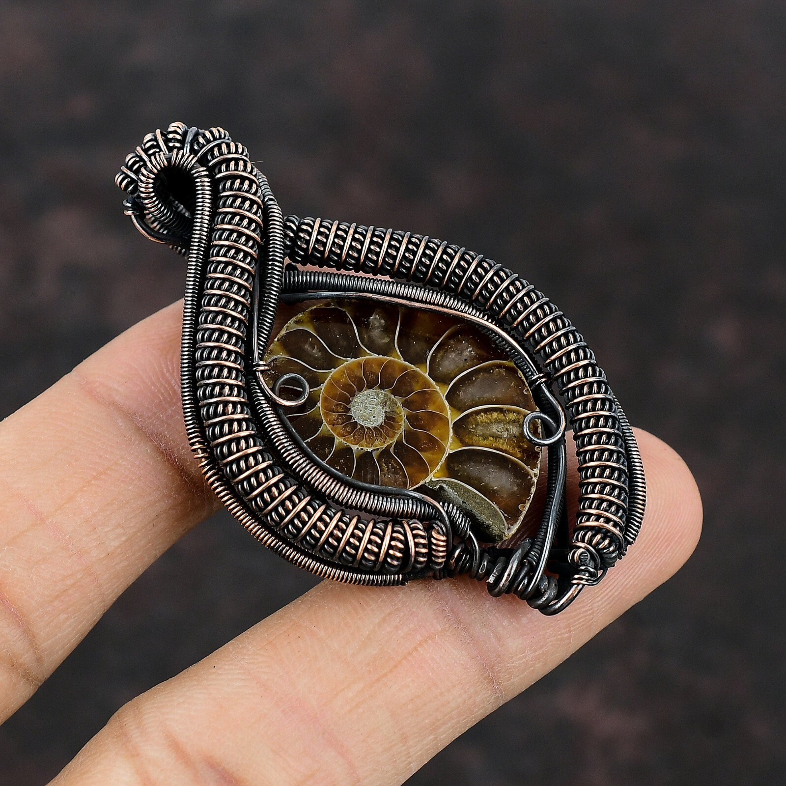 Ammonite Fossil Jewelry Copper Gift For Bridesmaid Wire Wrapped Pendant 2.36″