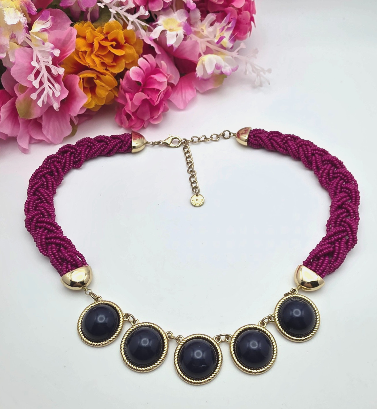 Talbots Fuchsia Seed Bead Braided Bib Necklace Navy Cabochon Gold Tone 21 in
