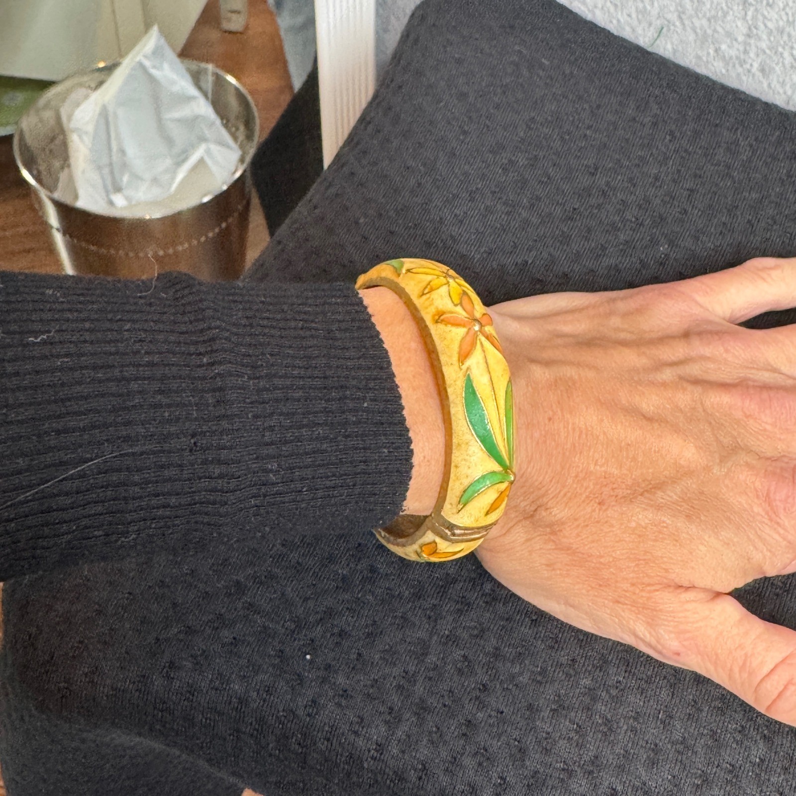 Vintage Cloisonne Bangle Bracelet Hinged Brass Heated Enamel Floral Asian Art