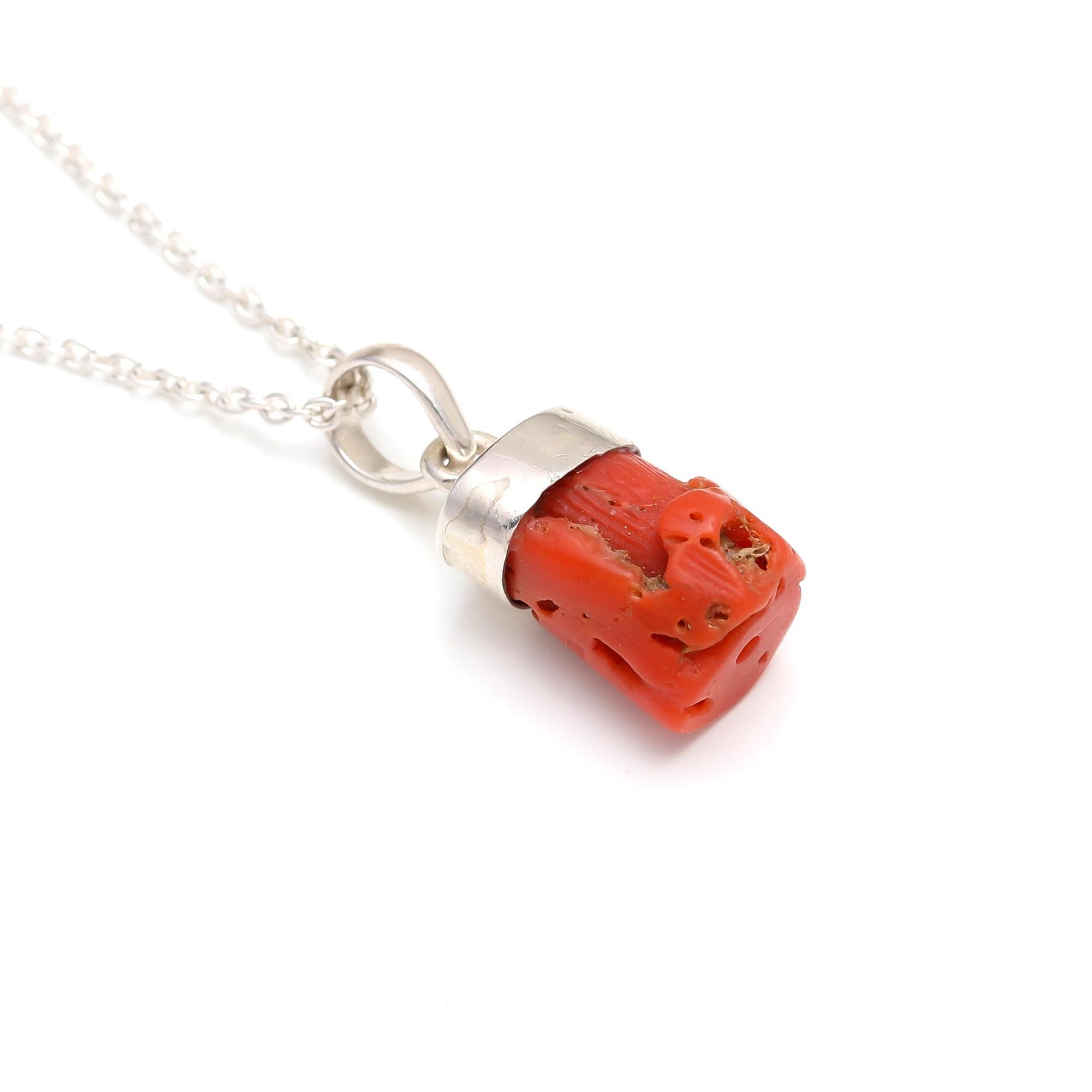 100% Natural Italian Red Coral Rough Chain Necklace 925 Sterling Silver Jewelry