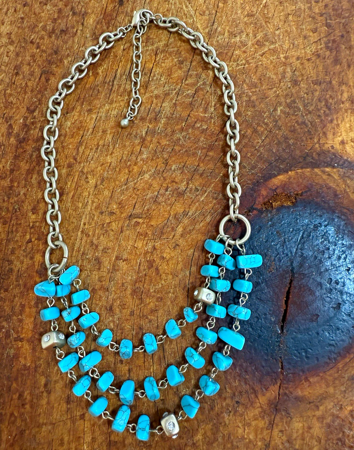 Silver Tone Cable Chain Statement Necklace Turquoise Chip Beads Adjustable