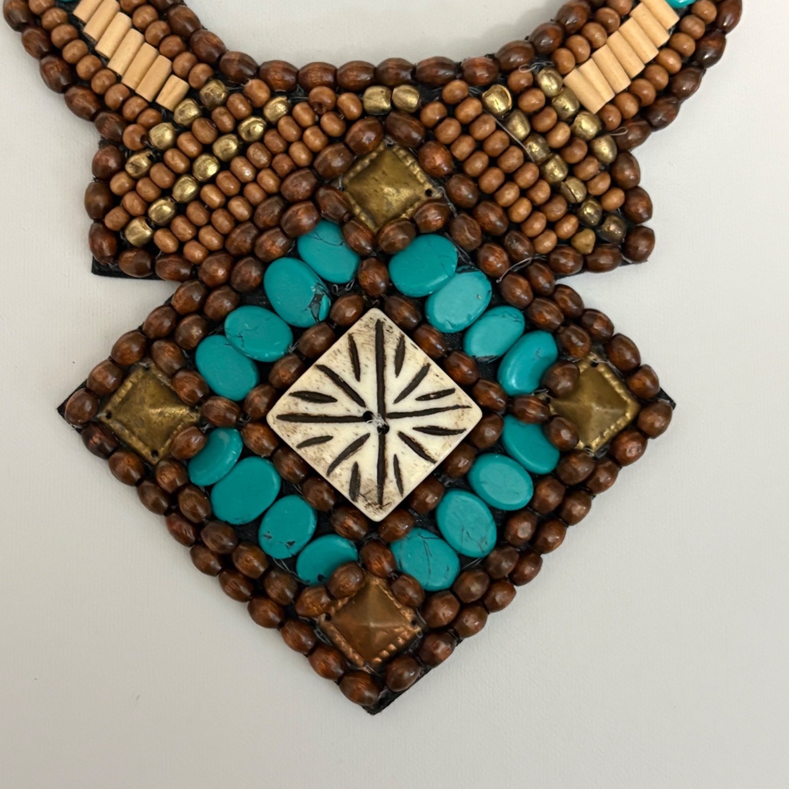 Boho Tribal Beaded Statement Necklace Brown Wood Turquoise Color Bib Pendant
