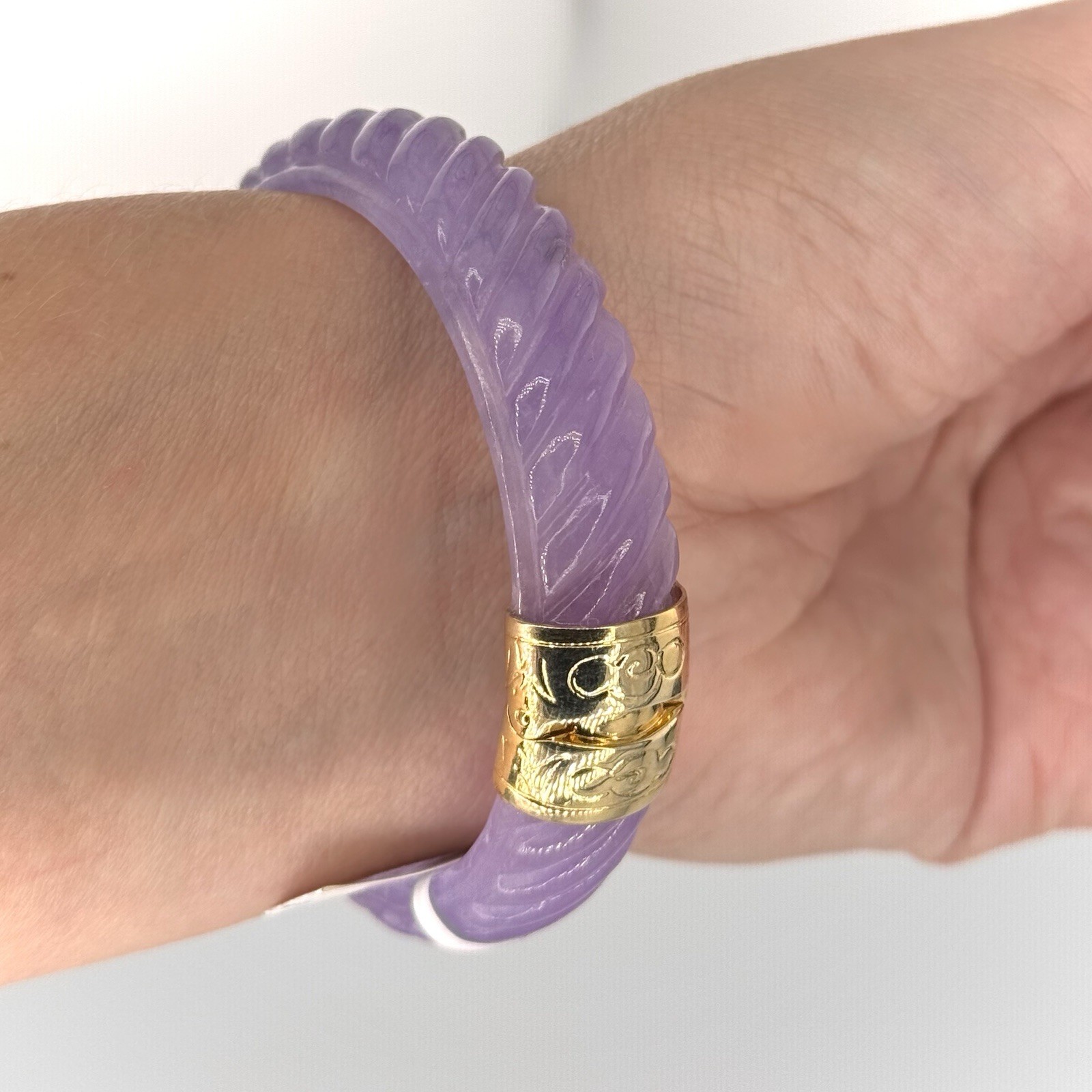 Real Carved Purple Jade Bangle with Gold Plated 925. Rare. Sold Out at $300