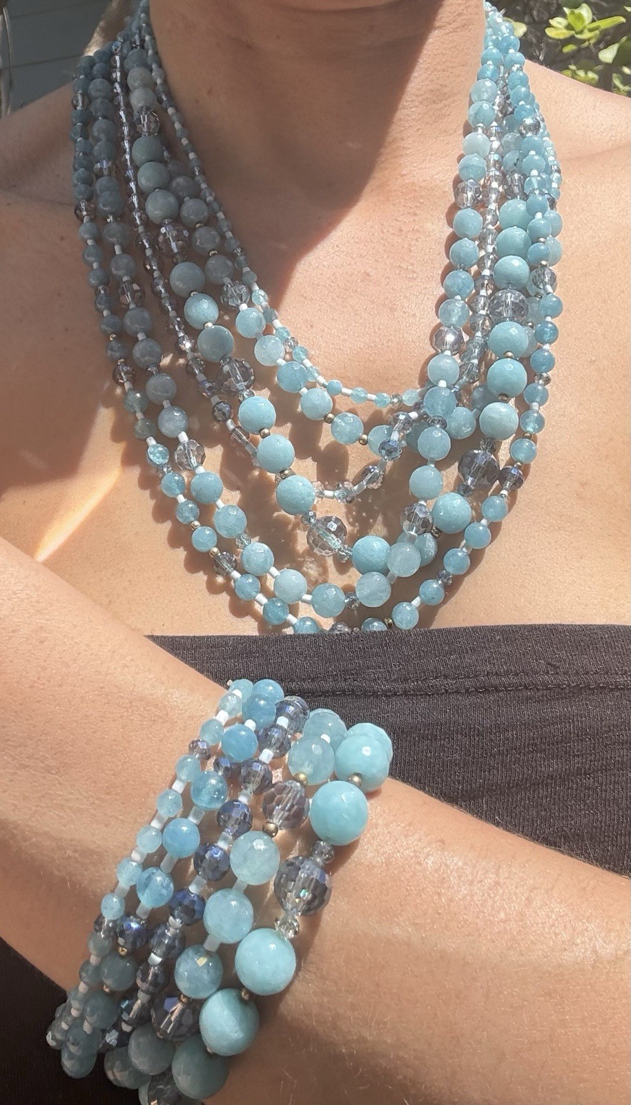 Blue Multi-Strand Statement Beaded Necklace, Round Glass Beads, Ball/Bead