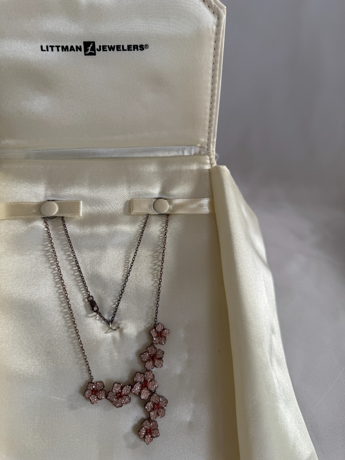 Jeweled Pink Cherry Blossom Chain Necklace with Ruby Centers by Littman Jewelers