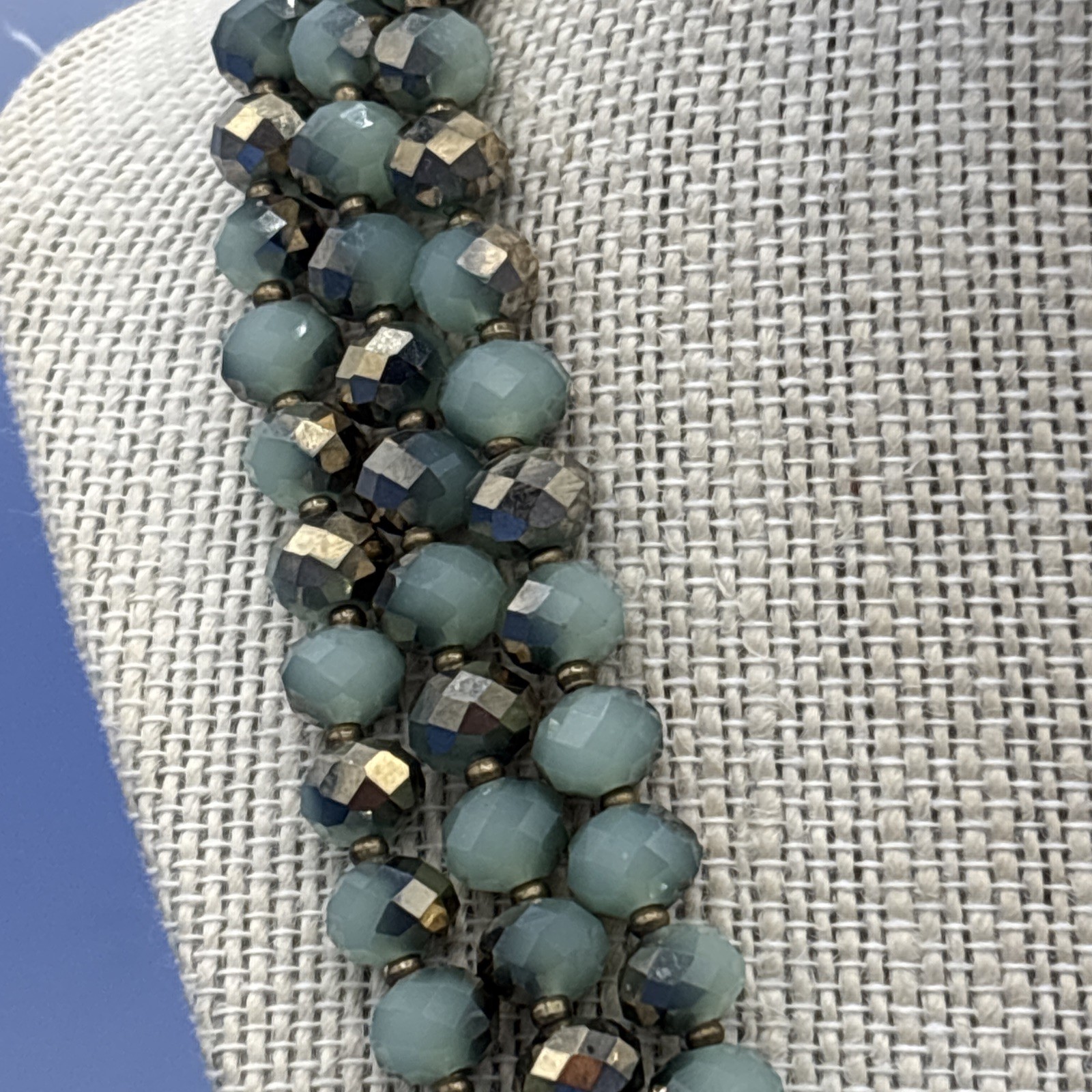 60” Faceted Glass Bead Necklace Metallic Gold Sage Green Long Wrap