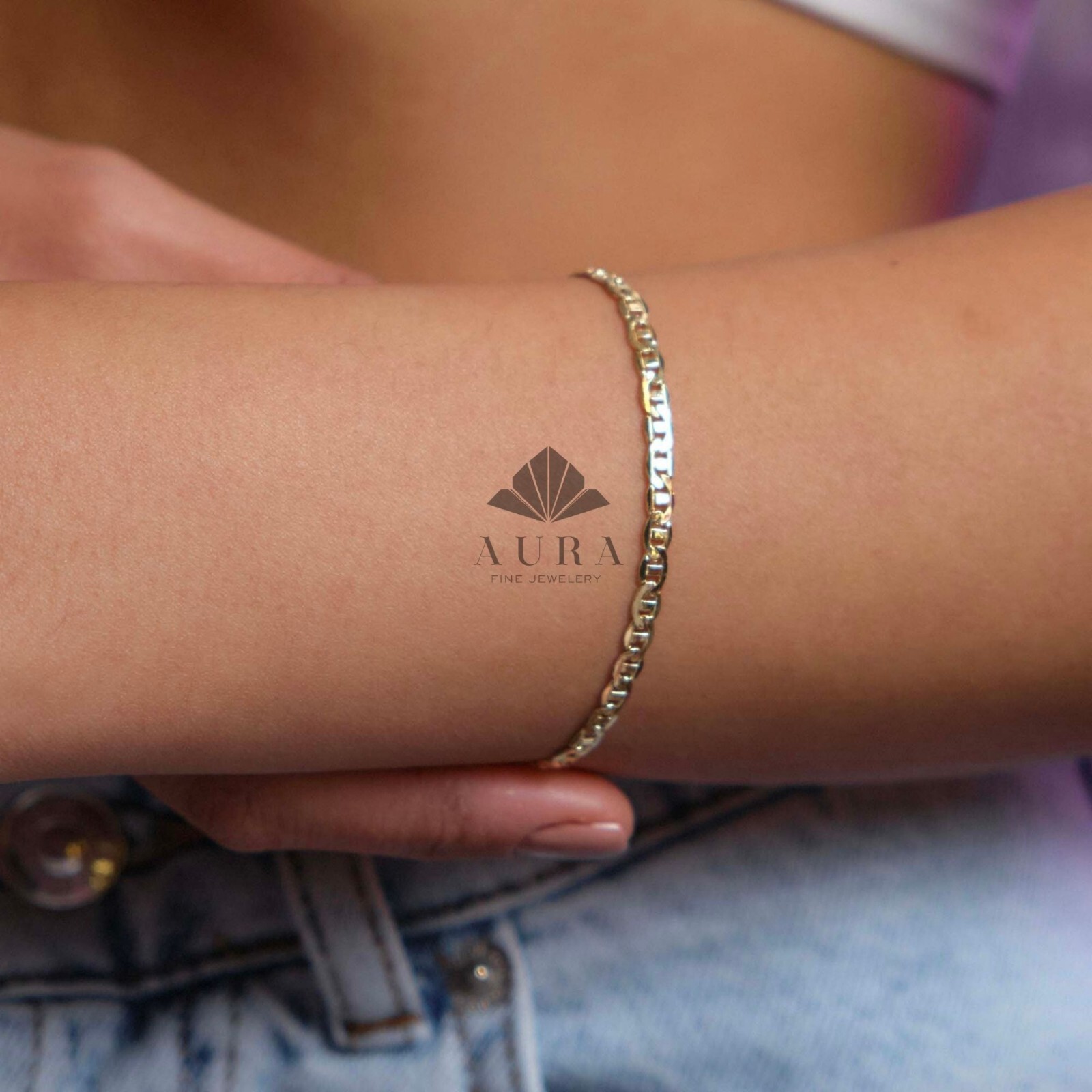 14K Gold Mariner Bracelet, 3mm 4mm Mariner Chain Bracelet, Flat Anchor Bracelet