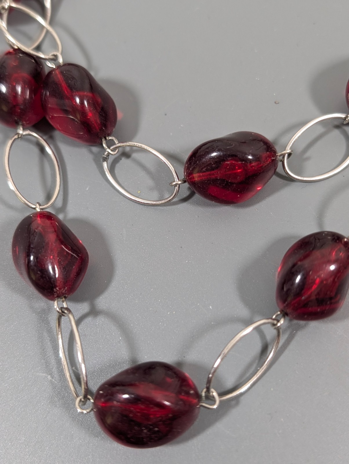Red Lucite Bead Layered Necklace Statement Oval Chain Link Retro 23 in Bib