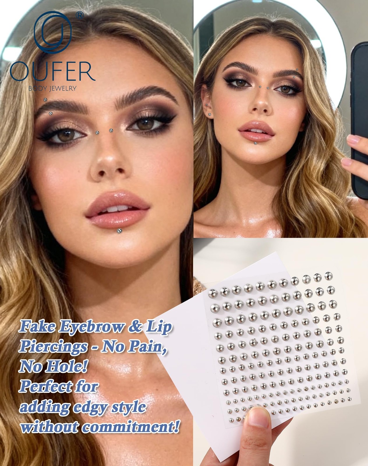 OUFER Stick on Acrylic Fake Piercings, Lip Studs Eyebrow 1~5MM, Silver