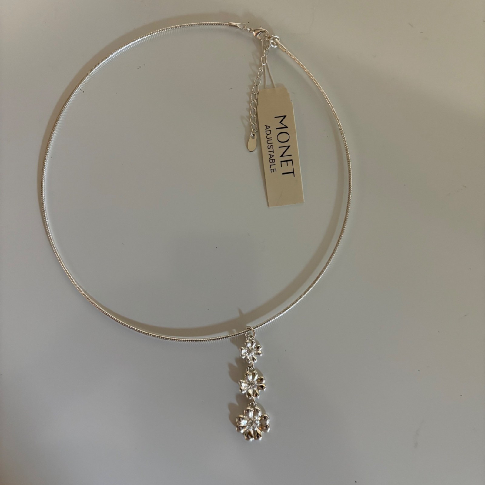 Monet Silver-Tone Drop Pendant Necklace Triple Metal Clovers Rhinestone 2004 VTG