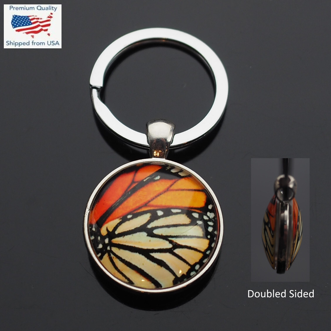Monarch Butterfly Doubled Sided Picture Glass Cabochon Keychain Key Ring Gift