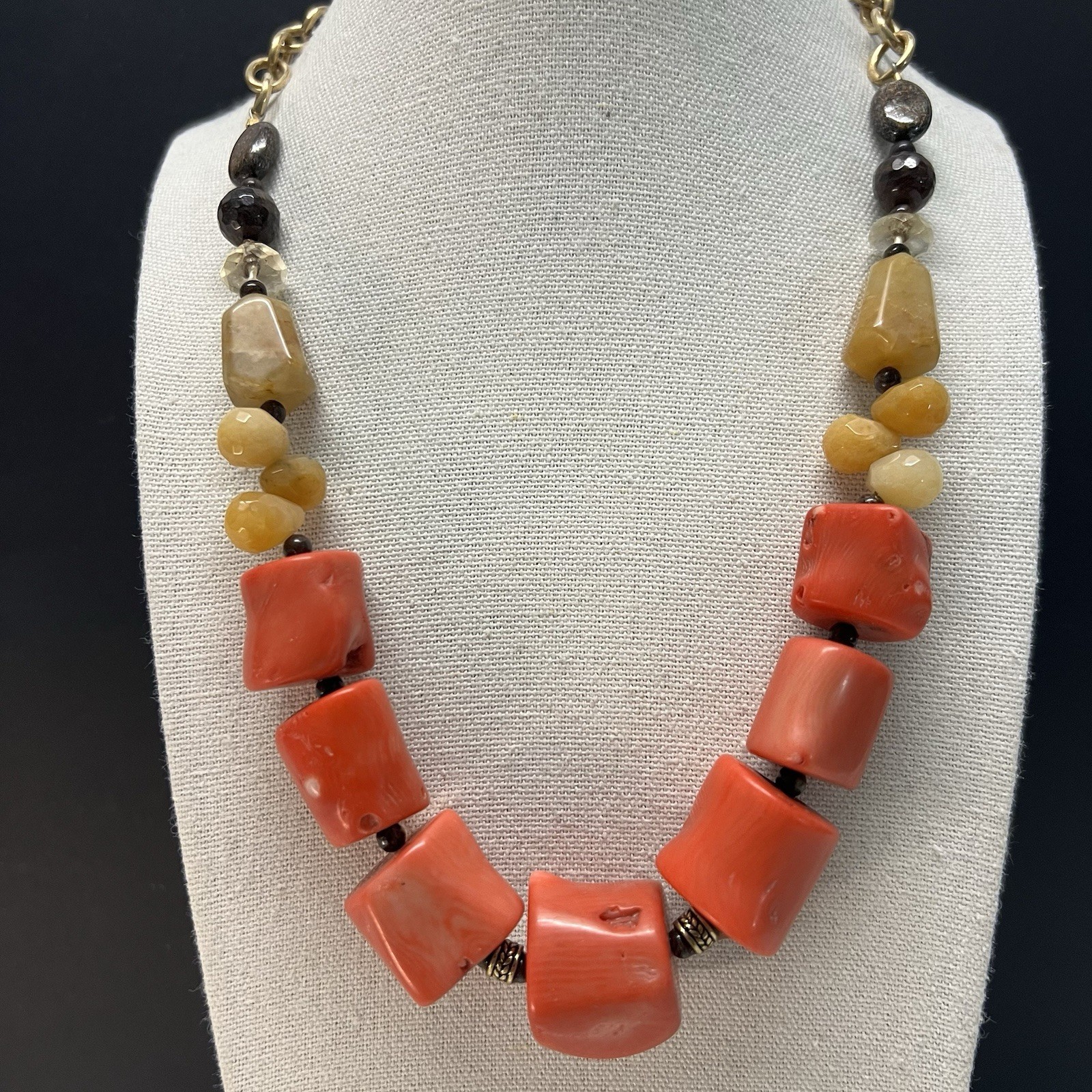 Barse Tierra Beaded Gold Tone Necklace Coral Yellow Jade Citrine Bronzite chunky