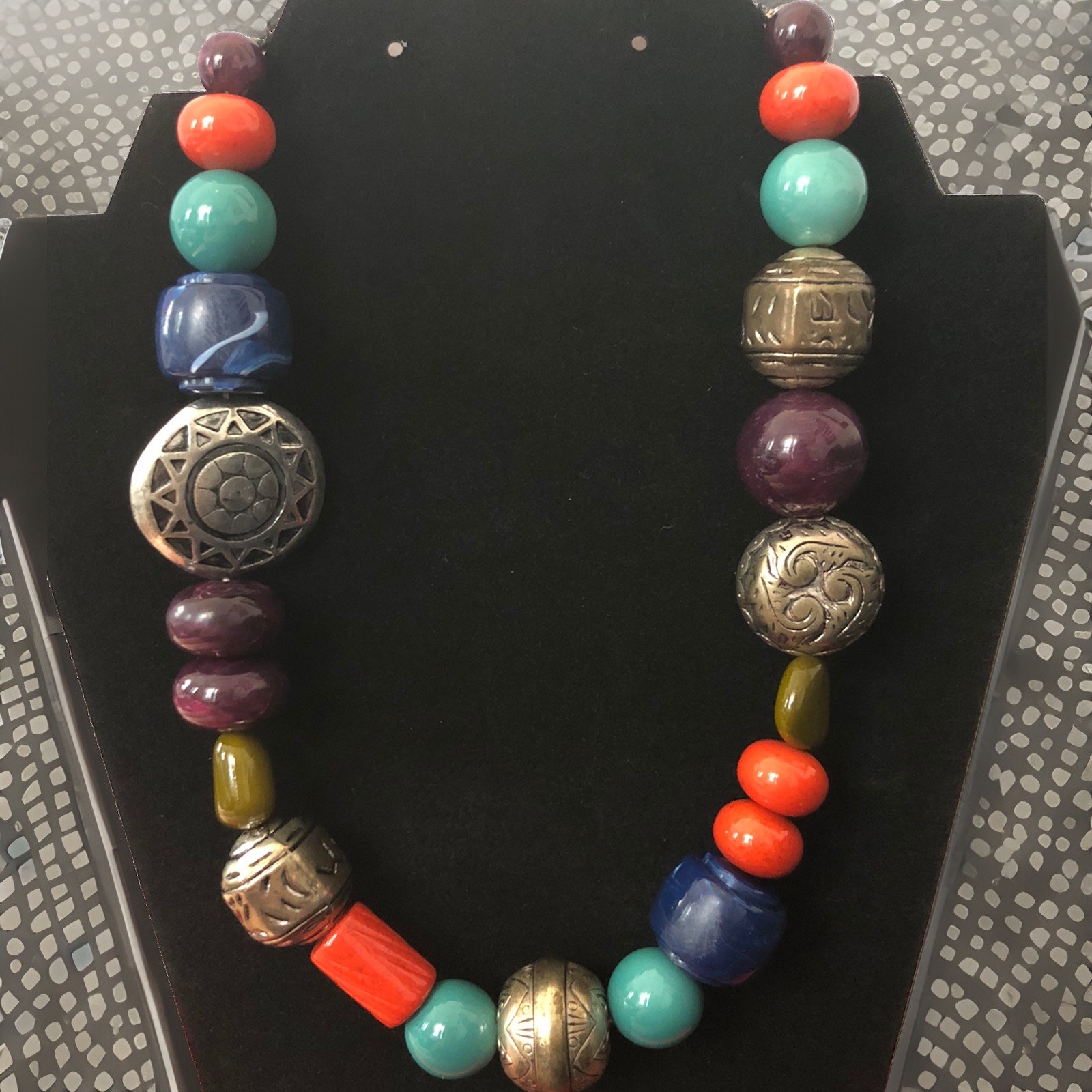 Chunky Acrylic & Metal Beads Boho Necklace 18” Multi Color Lobster Clasp Adjust