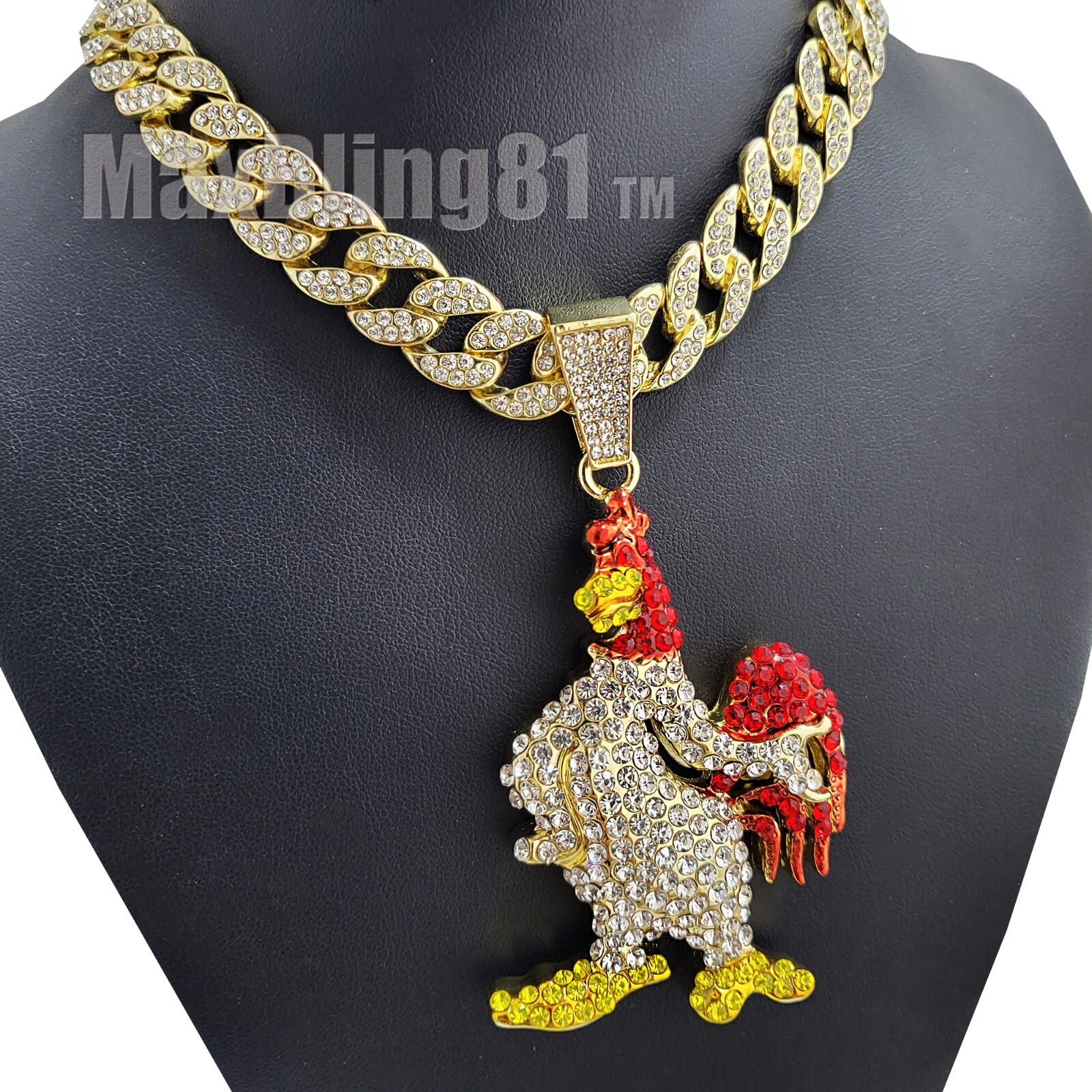 Gold PT Large Chicken Pendant 15mm 16″ 18″ 20″ 24″ 30″ Iced Cuban Chain Necklace
