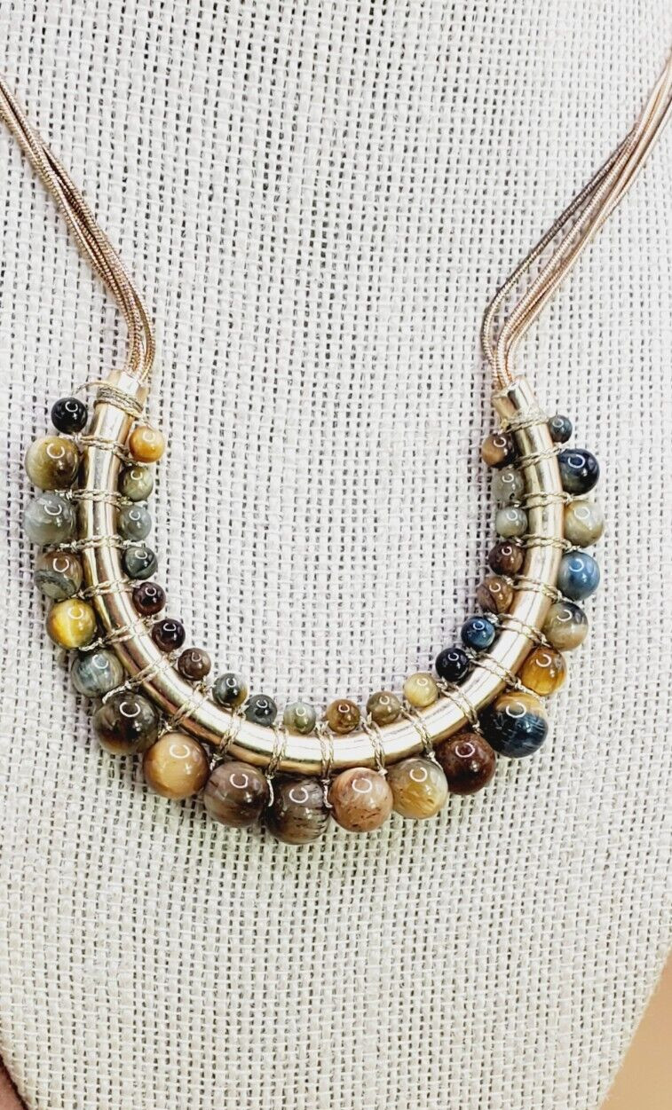 Natural Stone Wrapped Beaded Pendant with Multilayer 30″ Chain Necklace