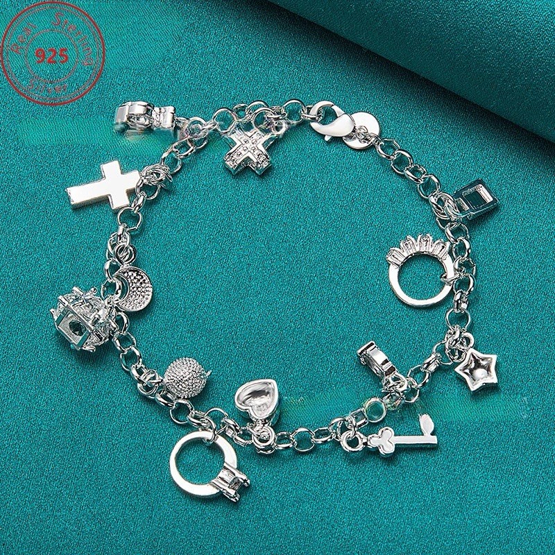 925 Sterling Silver Charm Bracelet Heart, Lock, Star, Cross & Rings With Box