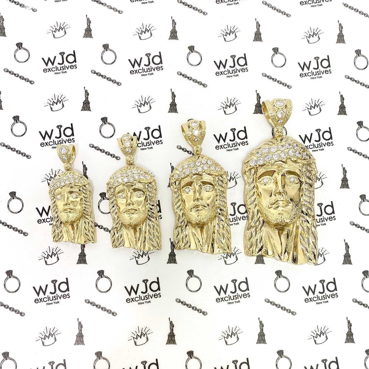 14K Yellow Gold Simulated Diamond Jesus Head Pendant 1.6″-3.5″