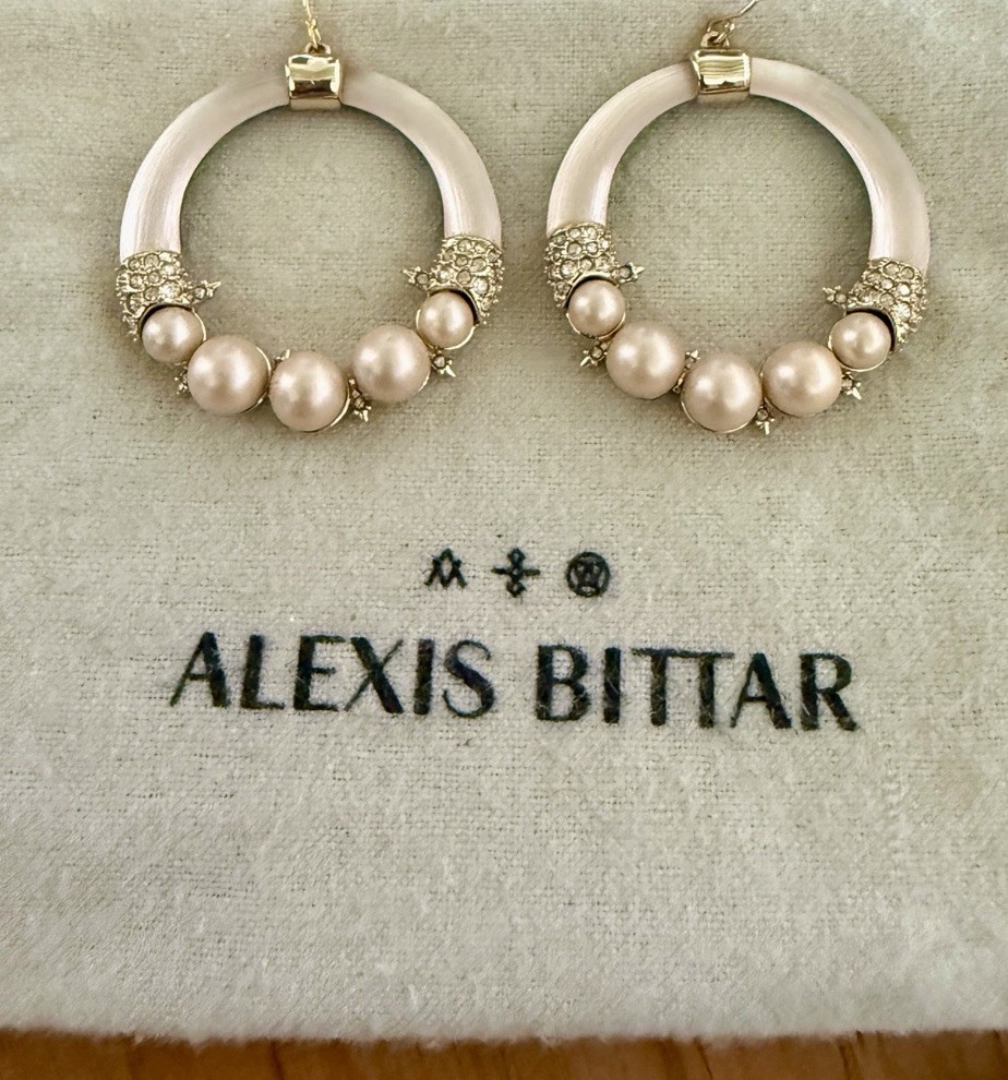 100% Authentic Alexis Bittar Faint Pink Lucite, Pearl & Crystal Hoop Earrings