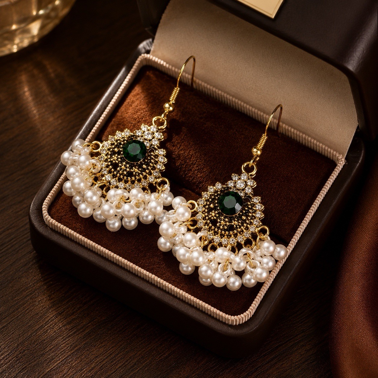 Gold Tone Green Rhinestone Cluster White Pearl Chandelier Dangle Hook Earrings
