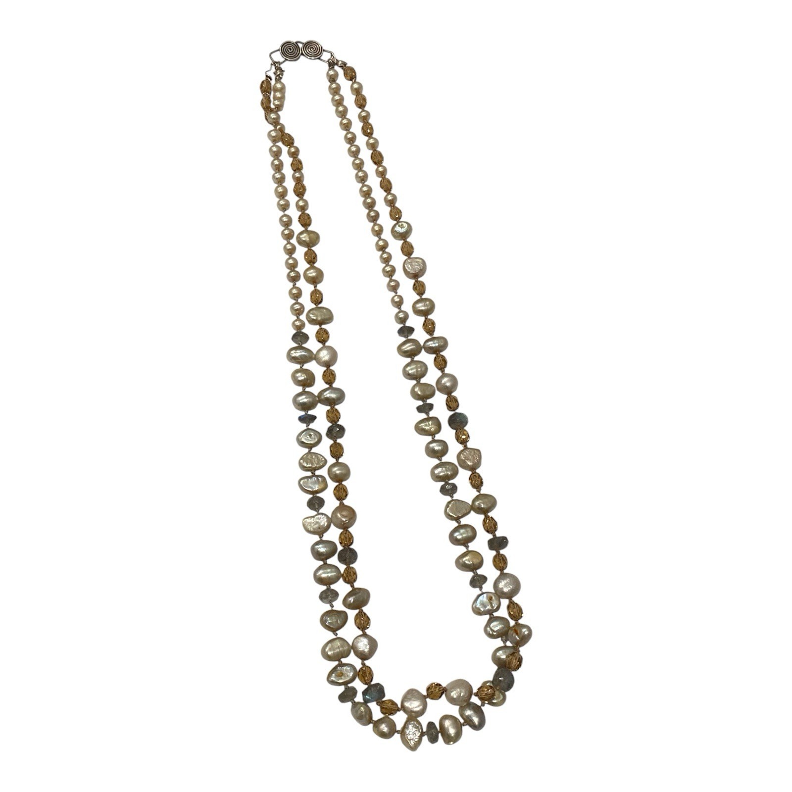 Vintage Artisan Pearl Citrine Multi Strand Necklace Sterling Silver Spiral Clasp