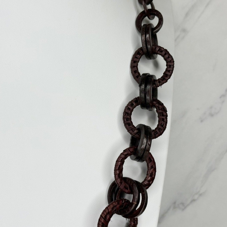 Dark Brown Wood Ring Link Cord Wrapped Chain Necklace Boho Artisan 30″ Slip On