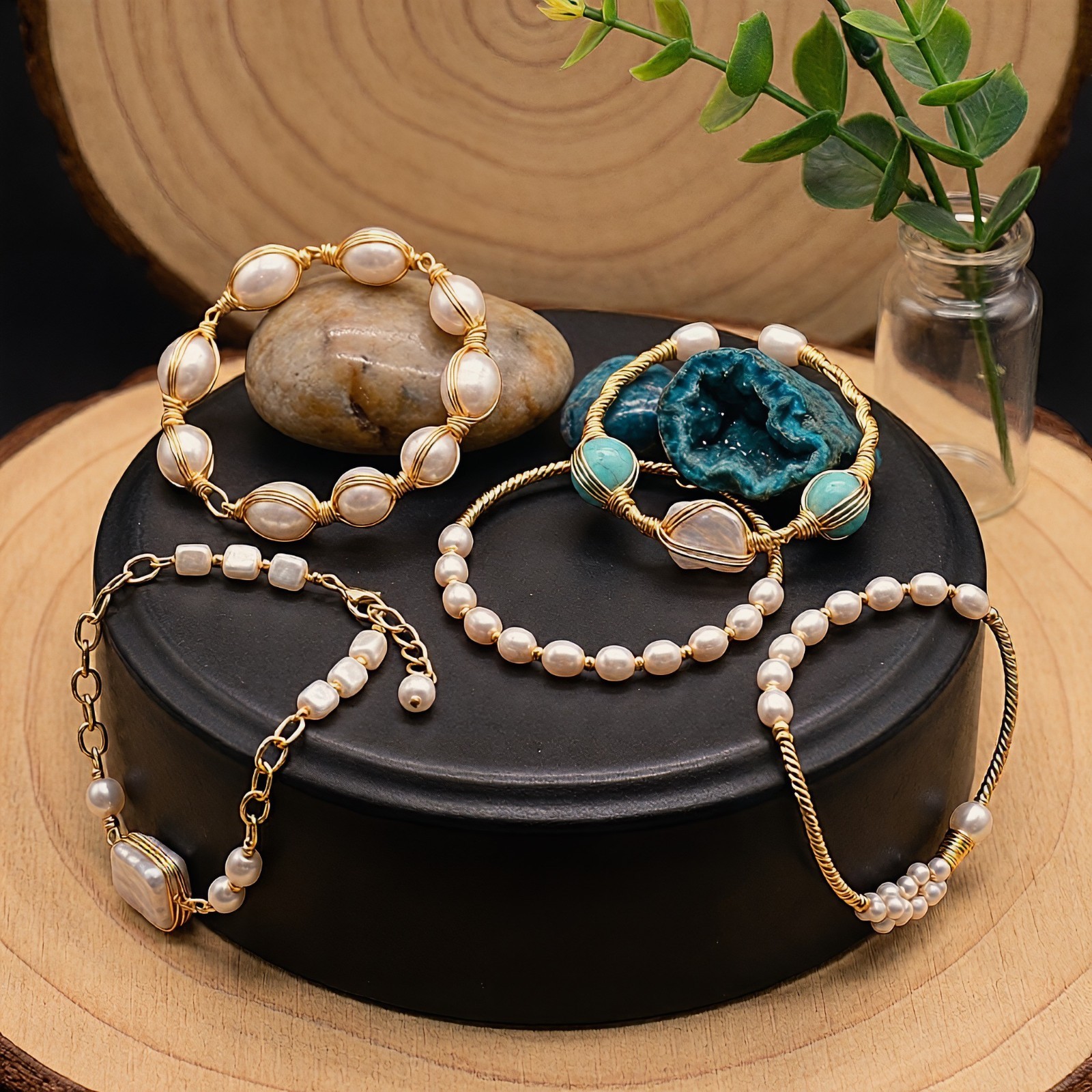 18K Gold Plated Freshwater Pearl Turquoise Bracelet Women’s Adjustable Gift
