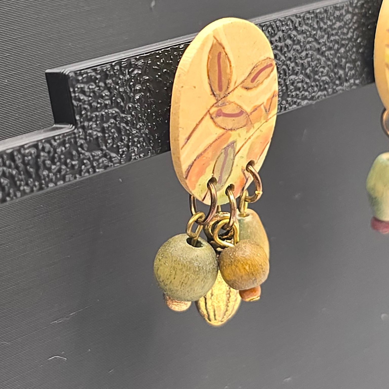 Handcrafted Boho Dangle Drop Earrings Wood Beads Gold Tone Charms 1 5/8 in