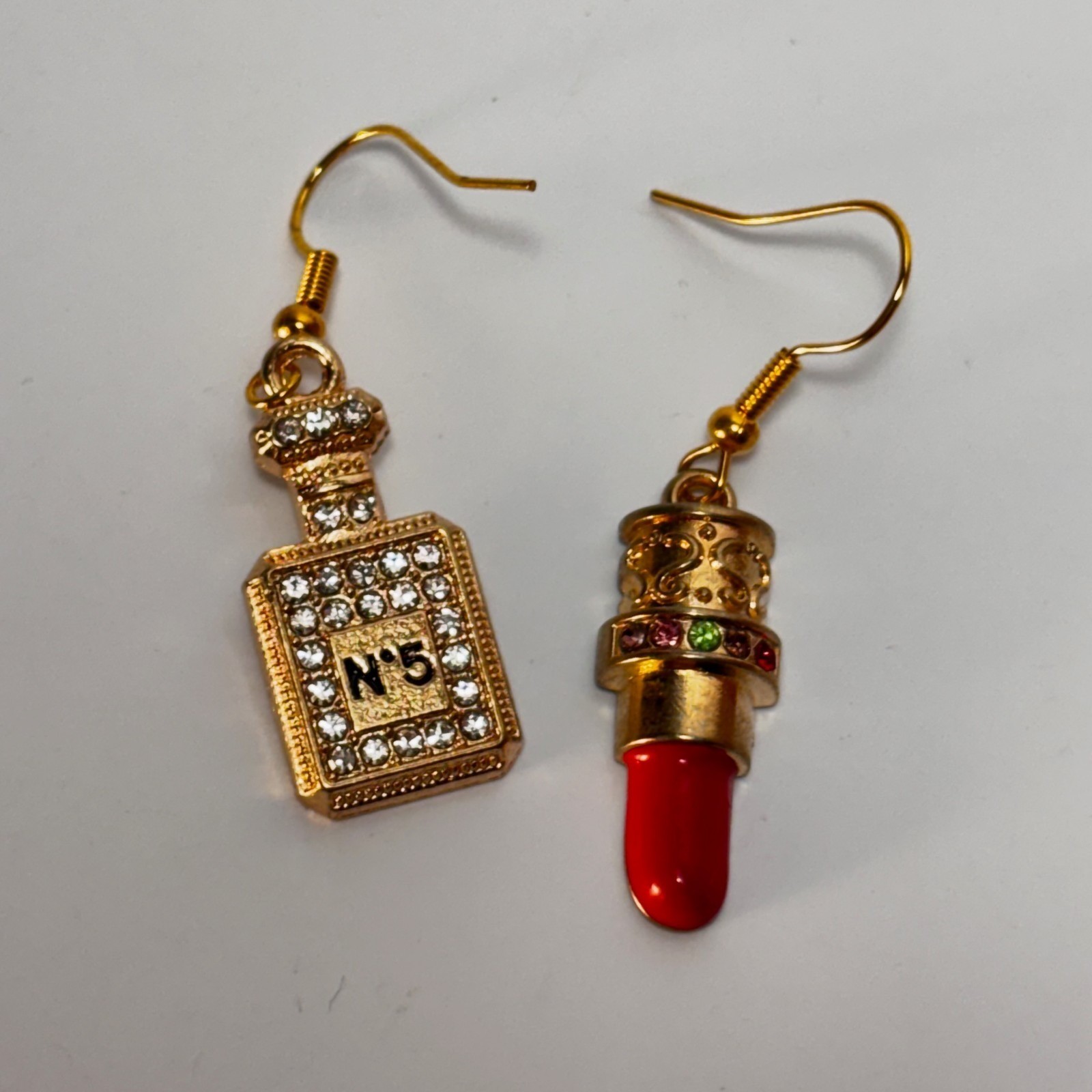 Fashion Earring Lipstick Perfume Gold Tone Rhinestones Charms
