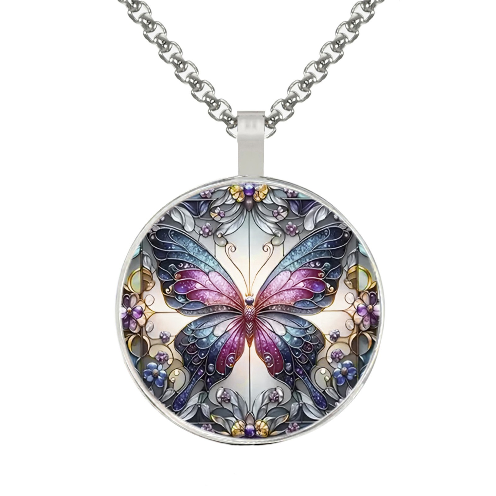 Colorful Butterfly Pendant, Stainless Steel Chain Necklace, Length Choice