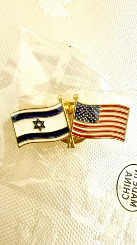 Israel & USA Crossed Flags Enamel Lapel Pin, Gold Tone, Sourced from China