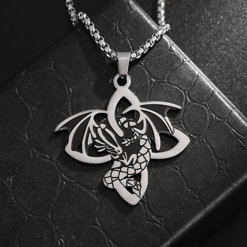 Dragon Solomon Knot Necklace Stainless Steel Celtic Pendant Silver 23.5in Chain
