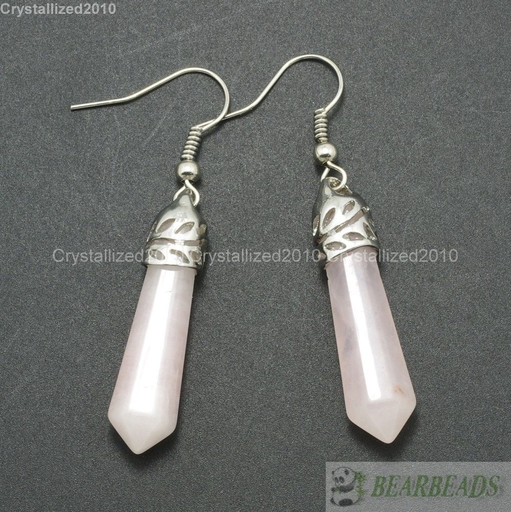 Natural Gemstone Hexagonal Pointed Reiki Chakra Healing Beads Silver Earrings