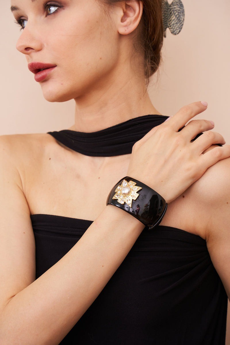 Kenneth Jay Lane KJL Couture Pearl/Gold Maltese Cross Black Lucite Cuff Bracelet