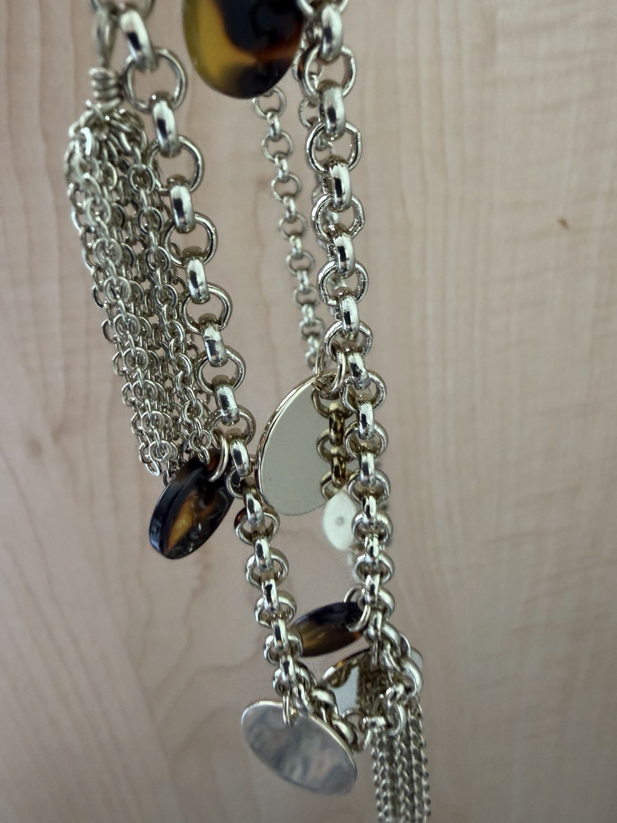 Chico’s Coin and Tassel Necklace in Gold Tone/ Faux Tortoise Shell/ 34 In Length
