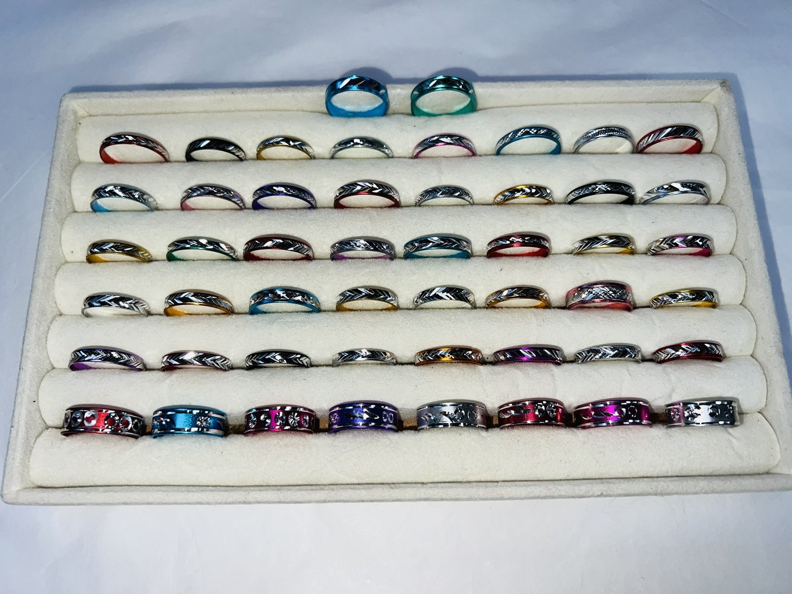 Bundle of 50 ALUMINIUM Silver Carved Different Coloured RINGS Mixed Sizes