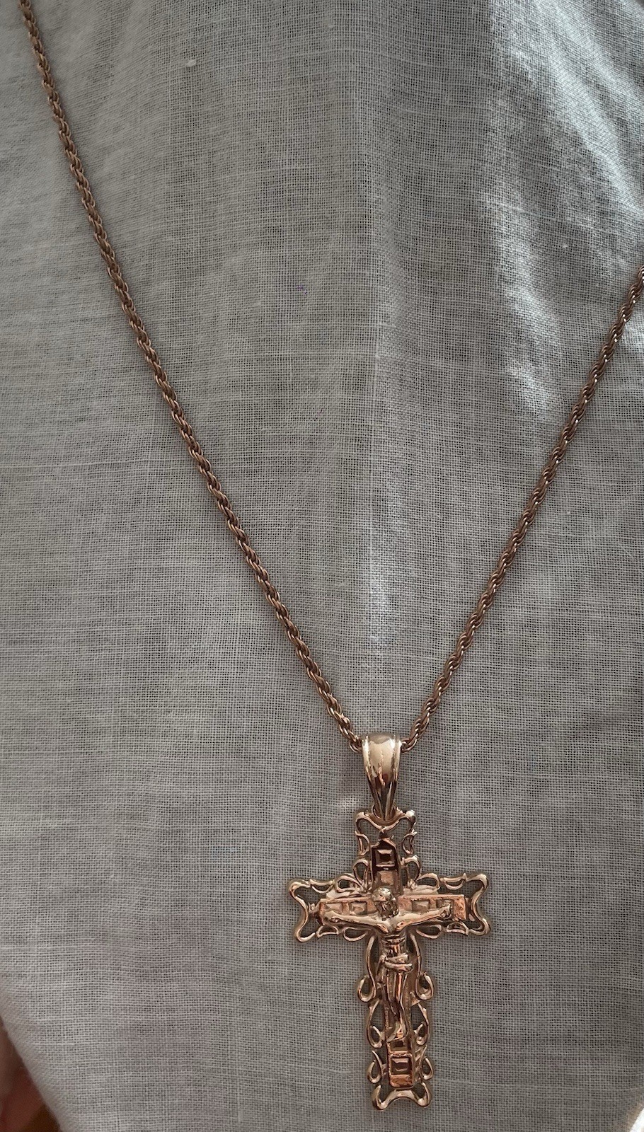 Rosegold Plated Over Sterling Silver Rope Necklace & Crucifix 18” 1.8MM