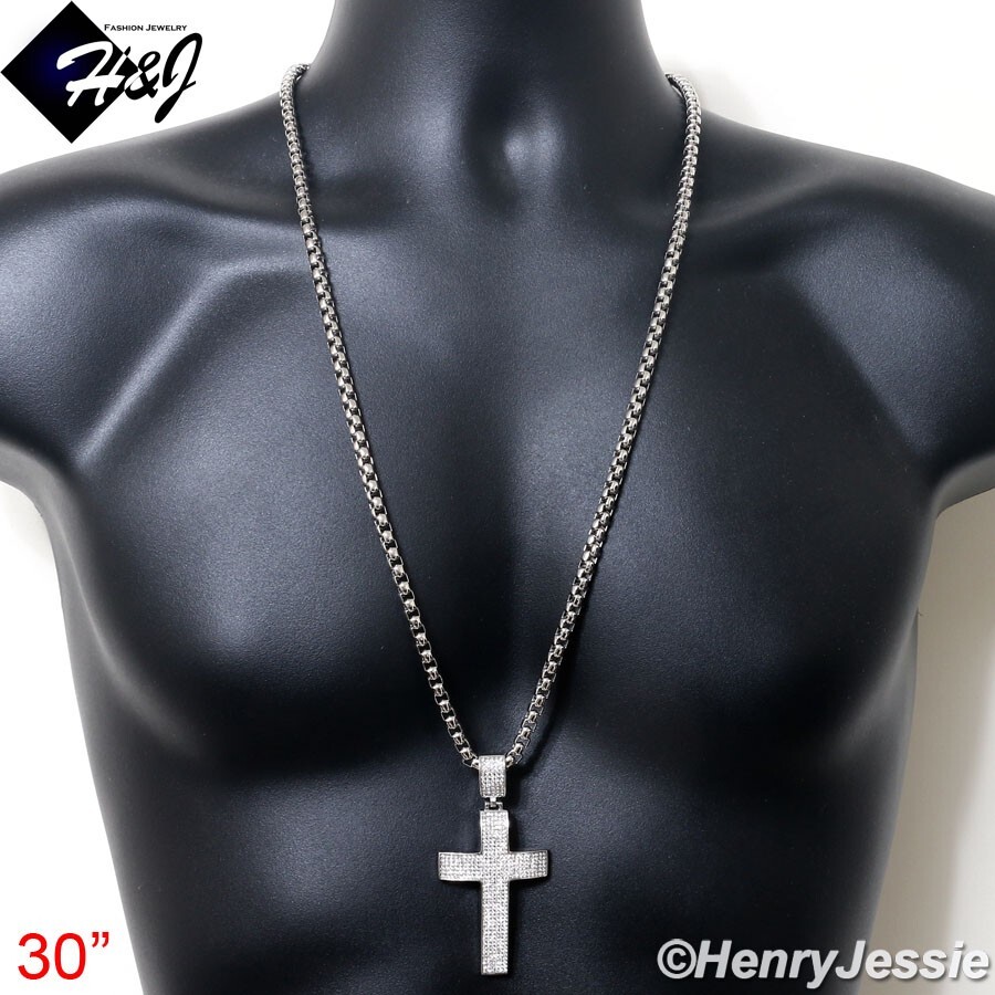 30″MEN Stainless Steel 5mm Silver Box Link Necklace ICY CZ Cross Pendant*IP21
