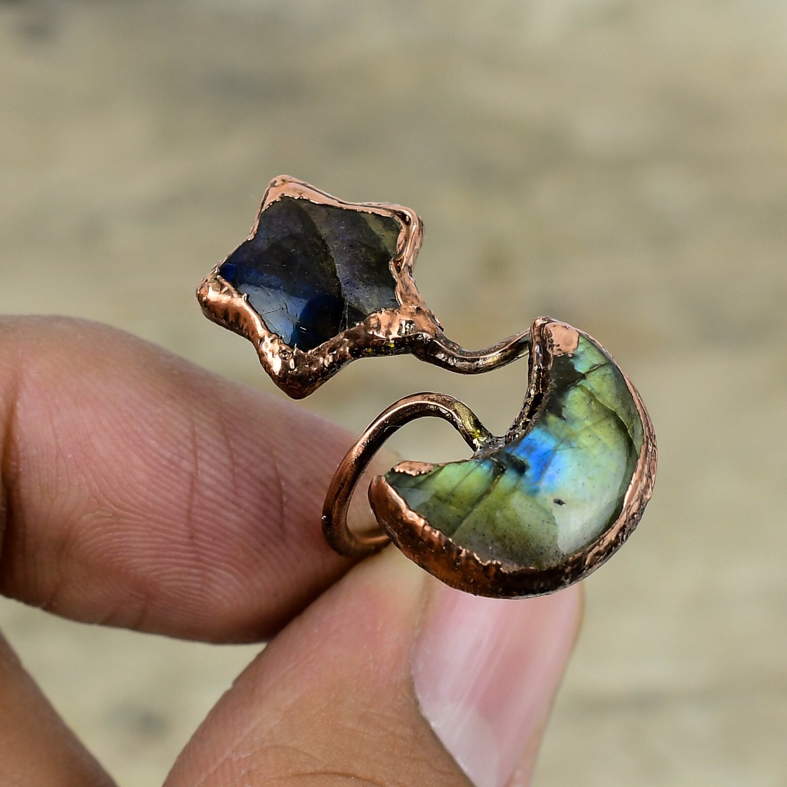 Labradorite Electroformed Moon And Star Adjustable Ring Size Adjustable Copper