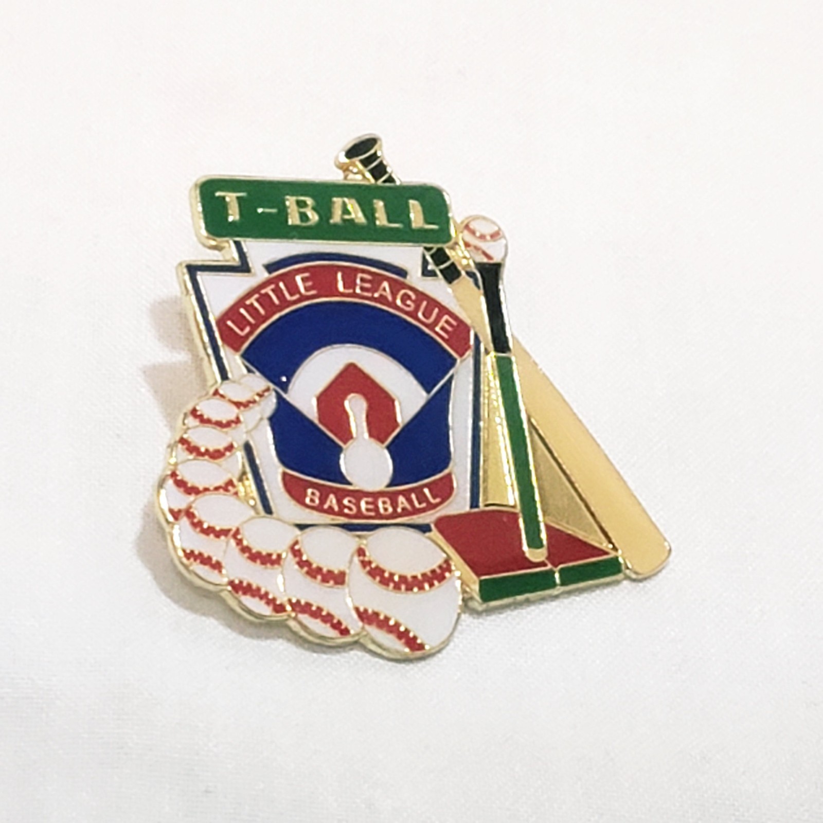 T-Ball Little League Baseball Lapel Hat Pin Metal Enamel 1″ Red White Ball Bat