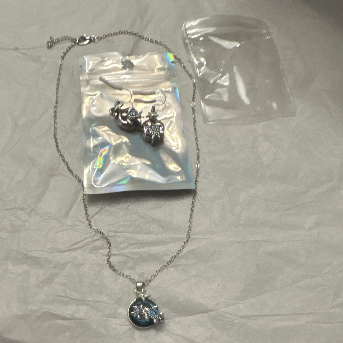 Silver Tone Blue Turtle Necklace Pendant & Dangle Earrings Jewelry Set