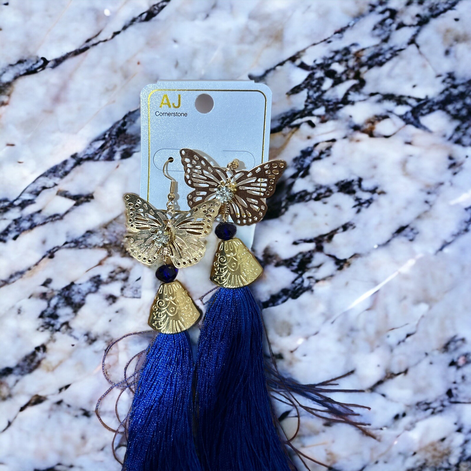 AJ Cornerstone Butterfly Tassel Earrings – Gold Filigree with Royal Blue Fringe