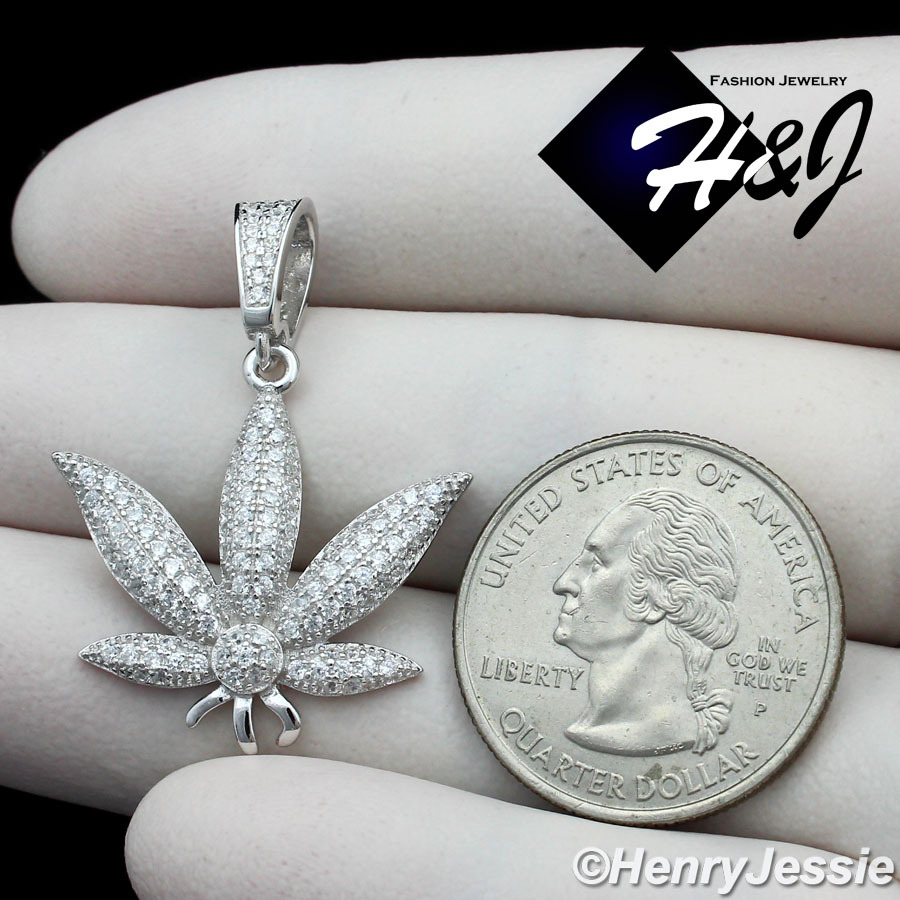MEN WOMEN SOLID 925 STERLING SILVER ICY BLING CZ 3D MARIJUANA LEAF PENDANT*P173