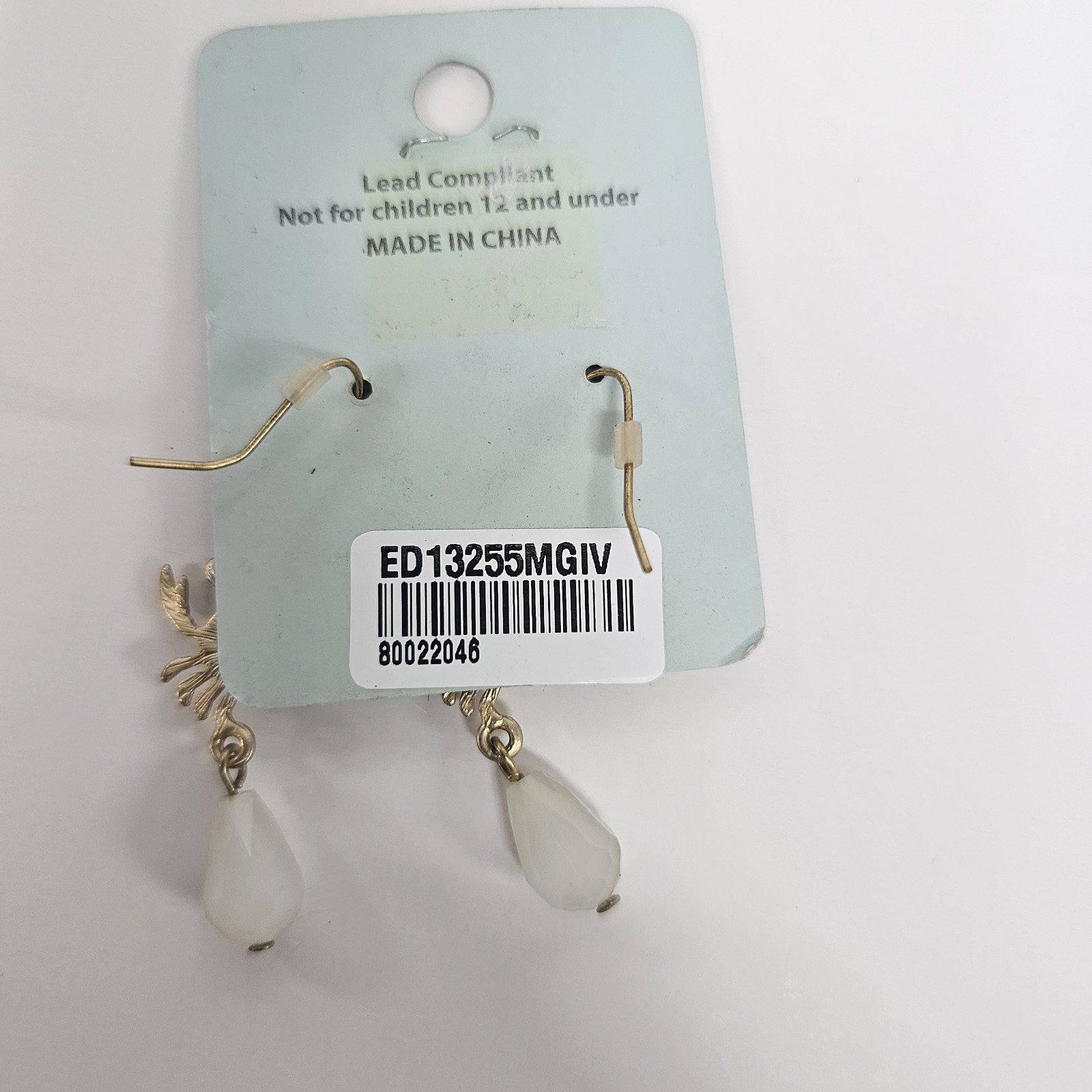 CIEL Collection Crab Dangle Earrings Gold Tone Crystal White Bead Coastal