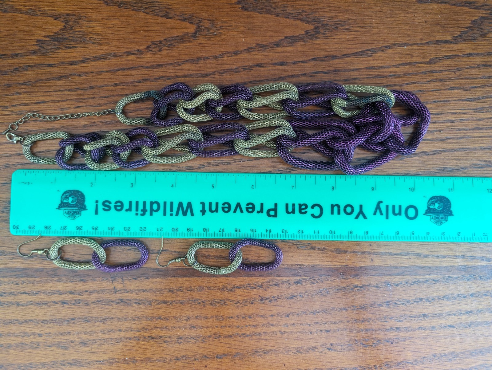 Goldtone+Purple Mesh Necklace+ Earrings Chunky Statement Hip Hop Flashy Cosplay